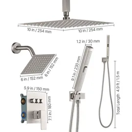 Vevor Duschsystem-Set inkl. 10 Zoll Regenduschsystem / 6 Zoll Wandmontagekopf / 2 in 1 Handbrause, drehbarer Doppelregenkopf (3 Funktionen), Messingventil und Verkleidungssatz, gebürstetes Nickel
