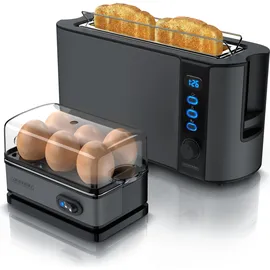 Arendo Frühstücks Set in Grau Edelstahl - Langschlitz Toaster und Eierkocher