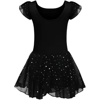 Kinder Ballettkleidung Ballettkleid Mädchen Kurzarm Baumwolle Balletttrikot Ballettanzug Tanzkleid Tanzbody mit Rock Tütü, 130, Schwarz - 130