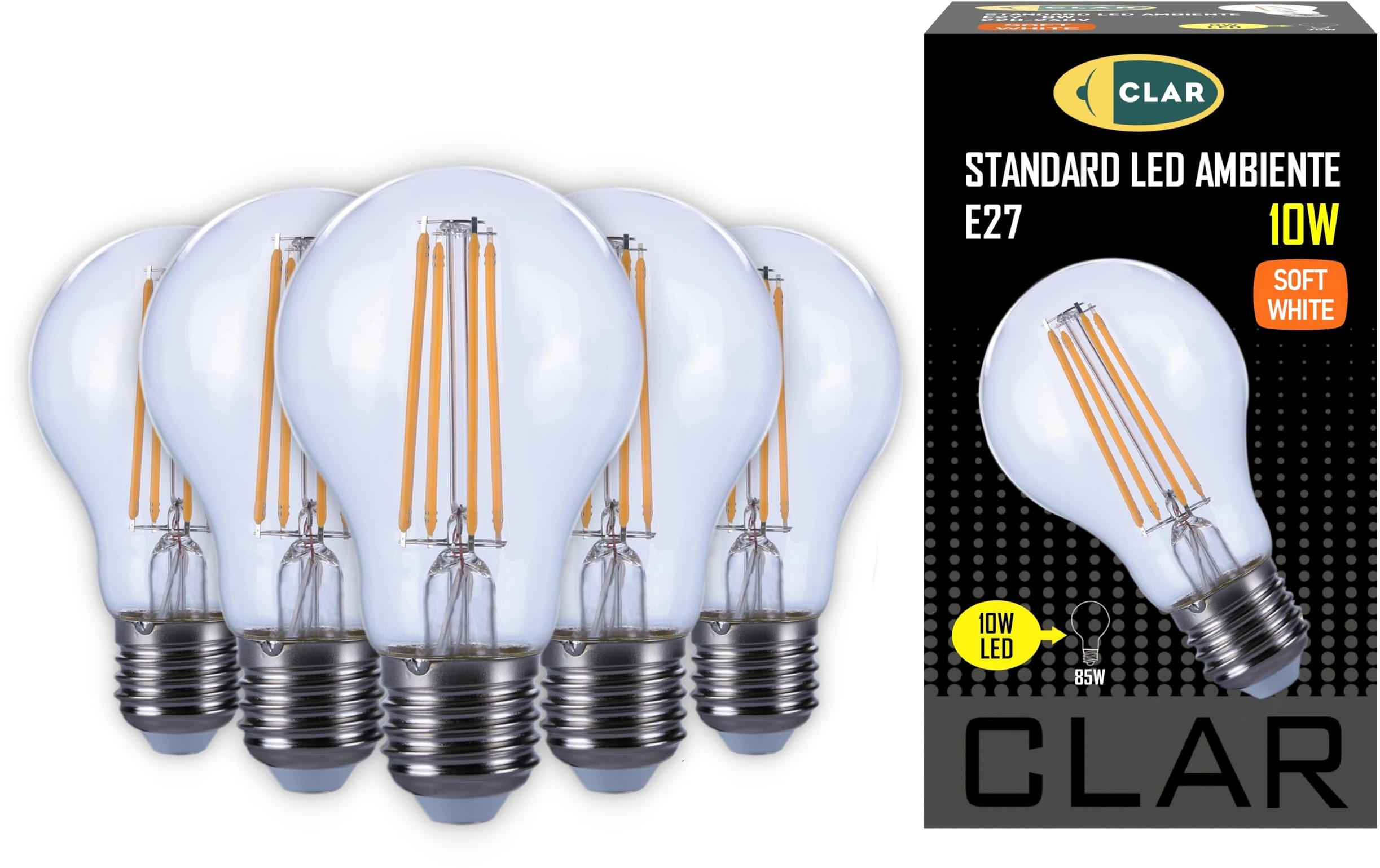 CLAR - E27 LED Vintage, E27 LED Warmweiss, LED Glühbirne E27, LED E27 Warmweiss, LED Birne E27, Leuchtmittel E27, LED Glühbirne, LED E27 100W-80W, 10W (Pack 5)