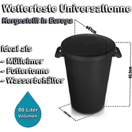 BigDean 2x wetterfeste Universaltonne mit Deckel und 2 stabilen Tragegriffen 80 Liter SCHWARZ - Regentonne Mülleimer - Indoor und Outdoor geeignet - Schwarz