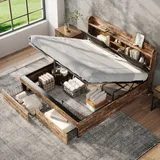 okwish Boxspringbett Metallbett 140 x 200 cm mit Stauraum-Kopfteil und Lattenrost, Hydraulisches Stauraumbett mit Bettkasten Stauraum und 2 Schubla... - Schwarz