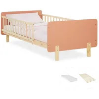 Homestyle4u 2803, Kinderbett 90x200 mit Rausfallschutz Holzbett Rot Matratze Lattenrost Kiefer Massivholz - Rosa