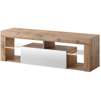 Selsey BIANKO – TV-Lowboard/TV-Schrank in Holz-Optik Lancaster Eiche mit Klappe in Weiß Hochglanz mit LED-Beleuchting Stehend 140cm