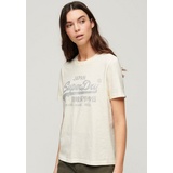 Superdry T-Shirt SUPERDRY "METALLIC VL RELAXED T SHIRT" Gr. XXS, beige (cream slub) Damen Shirts Jersey Print-Shirt mit glitzerndem Logo-Druck