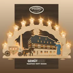 LED Schwibbogen WEIGLA "Zwönitz, Lichterbogen aus Holz, Fachwerkhaus", bunt (natur, braun, blau), B:66cm H:41cm T:6cm, Holzwerkstoff, Schwibbögen, Erzgebirge garantiert, Weihnachtsdeko Innen, Weihnachtsbeleuchtung