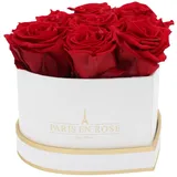 Rosenbox Herz Weiß-Gold mit 8 Bordeaux Rosen