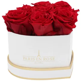 Rosenbox Herz Weiß-Gold mit 8 Bordeaux Rosen