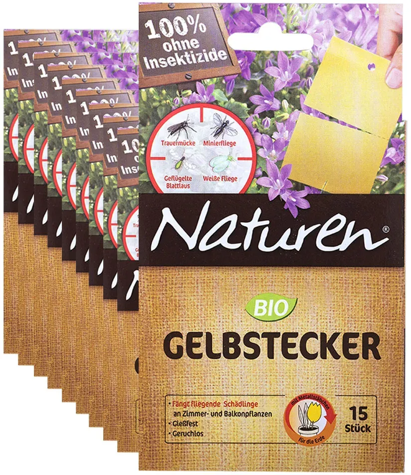 Gelbstecker für Zimmerpflanzen Fliegenfalle Gelbsticker Gelbtafeln Trauermücken Bio Leimfalle gießfest, mit Metallstecker, Gelbstecker teilbar, 10x 15 Stück
