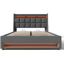 Merax Polsterbett, Baumwolle-Leinen Bezug Stauraumbett mit USB-Anschluss + LED 160x200cm, grau