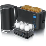 Arendo Frühstücks-Set Wasserkocher 1,5l, 4-Scheiben Toaster, 6er Eierkocher, Schwarz