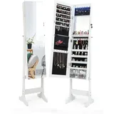 HOMASIS abschließbarer Schmuckschrank mit LED-Licht, Schmuckkasten mit 2 Spiegeln, Spiegelschrank mit 4 Schubladen & 5 Ablagen, Schmuckregal mit Kettenhaken & Ringverschluss, 41x36x158cm, Weiß