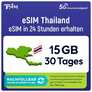 Thailand eSIM | 30 Tage | 15gb | Nachfüllbarer Tarif | 5G Geschwindigkeit | Hotspot | Nur-Daten. QR-Code Wird innerhalb von 24 Stunden gesendet, scannen zur Aktivierung, Keine Telefonnummer