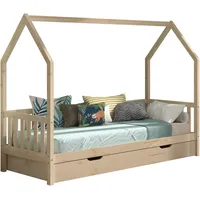 Vipack Hausbett »Cabane, mit Dachaufbau, Bettschublade auf Rollen u. Sprossenumrandung«, (B/H/T ca. 208x169x98 cm) aus massiver Eiche, Oberfläche Natur), sehr stabil und standfest gebaut inkl. Massivholz Rolllattenrost