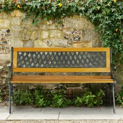 Relaxdays Gartenbank, 2 Sitzer, Holz & Gusseisen, Balkon & Terrasse, rustikale Sitzbank, HxBxT: 73x125x52 cm, natur/grün