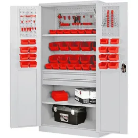 Jan Nowak Werkzeugschrank Werkstattschrank mit Schubladen Flügeltüren 3 Fachböden Pulverbeschichtung 185 cm x 92 cm x 50 cm (Grau)