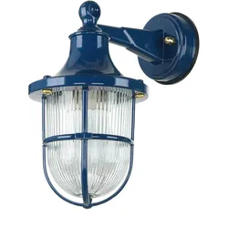 Licht-Erlebnisse Außenwandlampe Messing Glas in Blau IP64 Eingang Terrasse B:14 cm E27 geriffelt Maritime Laterne Außenlampe Garage SANTORIN, LE89276