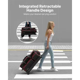 Vevor Bowlingballtasche für 3 Bälle mit Doppelrollen & separatem Fach für Schuhe (bis US-Größe 16) & übergroßer Zubehörtasche, einziehbarer Griff lässt sich auf 105 cm ausziehen Schwarz + Rot