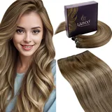 LaaVoo Tressen Extensions Echthaar Balayage Braun Haartressen Echthaar Zum Einnähen Hellbraun Ombre Goldene Blond Extensions Echthaar Tressen Glatt 80Gramm #8/16/8 35cm