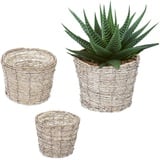 Relaxdays Blumentopf, 3er Set, Rattan, Pflanzentöpfe mit Folie, 3 Größen, runde Blumenübertöpfe für innen, weiß/Natur