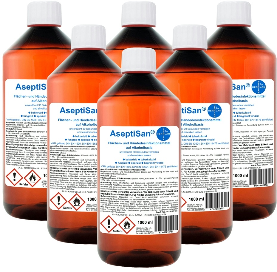 AseptiSan - VAH gelistet I 6 x 1000 ml Nachfüllflasche I Händedesinfektionsmittel I Pharmazentral-Nr-16613733 I HERRLAN Qualität