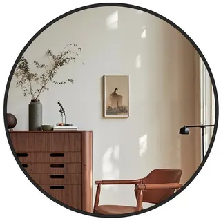 EMKE Spiegel Rund mit matte schwarz gebürstete gold Aluminium Rahmen Wandspiegel (einfach Installation 2 Befestigungslöcher, φ40/φ50/φ60/φ70/φ80), Ultradünner Spiegel für Badezimmer Flur Büro Wohnzimmer Schlafzimmer schwarz Ø 60 cm