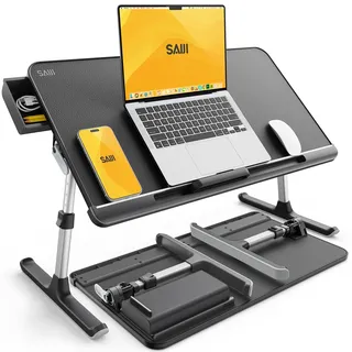 SAIJI Laptoptisch Betttisch, 100% E0 Eco Holzplatte Verstellbarer Betttisch, mit Schublade, klappbare Beine, 40kg Belastung, Tischplatte aus PVC-Leder Lesen,Essen für Bett und Sofa