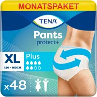 TENA Pants Plus XL- 48 Pants im Monatspaket (4 x 12 Stück) - Einweghosen für Frauen und Männer - atmungsaktive Unisex Inkontinenzslips - bei Blasenschwäche und Harninkontinenz - Weiß, Größe XL