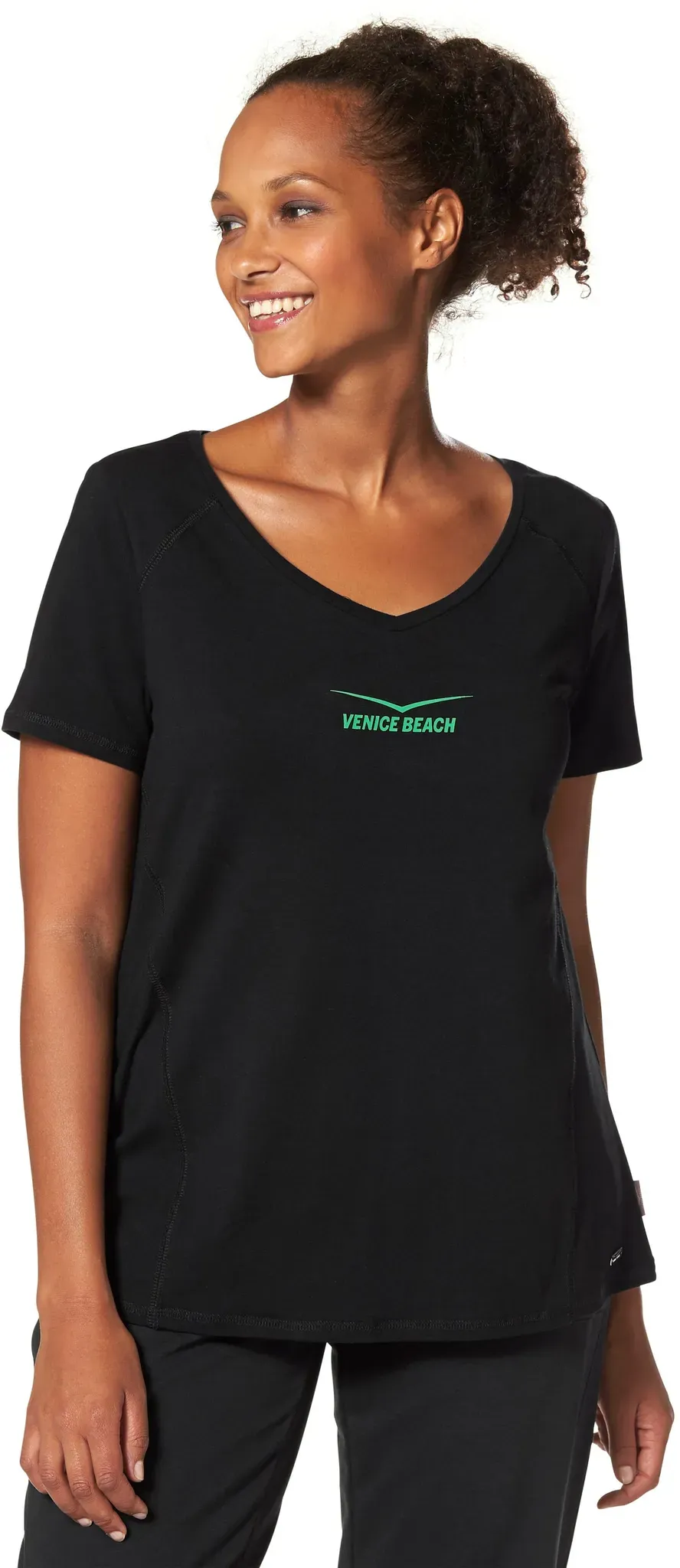 T-Shirt VENICE BEACH, Damen, Gr. 44/46, schwarz, Single Jersey, Obermaterial: 56% Baumwolle, 38% Viskose, 6% Elasthan, unifarben, figurumspielend hüftbedeckend, V-Ausschnitt, Shirts T-Shirt, lockere Passform, elastisches Material