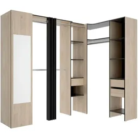 vente-unique Eckkleiderschrank mit Vorhang & 1 Tür - Mit Spiegel - 231 cm - Holzfarben & Anthrazit - bertrand