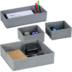 Relaxdays Schubladen Organizer Vlies, 4-tlg. Ordnungssystem Schreibtisch, 3 Größen, Schubladeneinsatz, Trennbox, grau