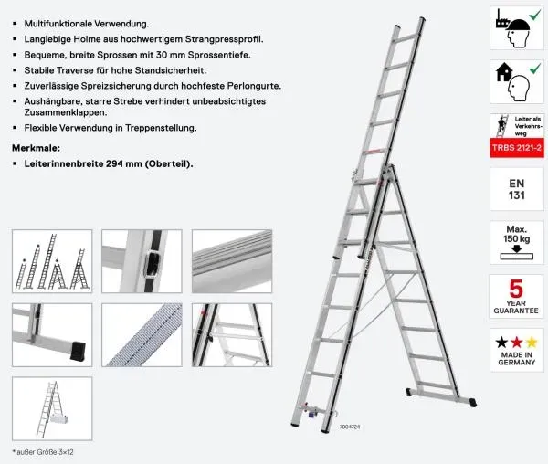 Hymer Mehrzweckleiter, dreiteilig 3x12 Sprossen, Länge 3,49-7,97 m