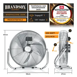 Brandson Windmaschine Retro-Design Bodenventilator 56 cm 200 W Silber