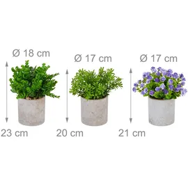 Relaxdays Kunstpflanzen 3er Set, verschiedene künstliche Pflanzen im Topf, lebensechte Plastikpflanzen, grün/lila/grau
