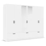 Rauch Möbel Kleiderschrank, Schrank Garderobe Wäscheschrank BARI mit Spiegel, 3 Schubladen, für mehr Stauraum, Farbe Weiß, Griffe Grau metallic, Schwarz, 271x210x54cm