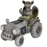Kremers Schatzkiste Drachenkind auf Traktor mit Solar-Laterne Gartenfigur Drache wetterfest Gartendeko aus Polyresin Solarlicht Scheinwerfer beleuchtet Handbemalt witterungsfest