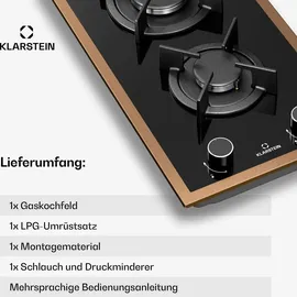 Klarstein Lumiflame Gaskochfeld, 2-Brenner Kupferrahmen & Glasoberfläche, 4,2 kW Leistung, Elektrische Zündung |