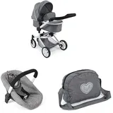 Bayer Chic 2000 3-in-1 Puppenwagen-Set Mika mit Autositz und Wickeltasche, Jeans grau