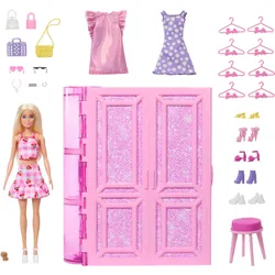 Barbie Traumkleiderschrank Spielzeug, Spielset mit Modepuppe, Moden und Accessoires, knapp 1 m breit mit mehr als 25 Teilen