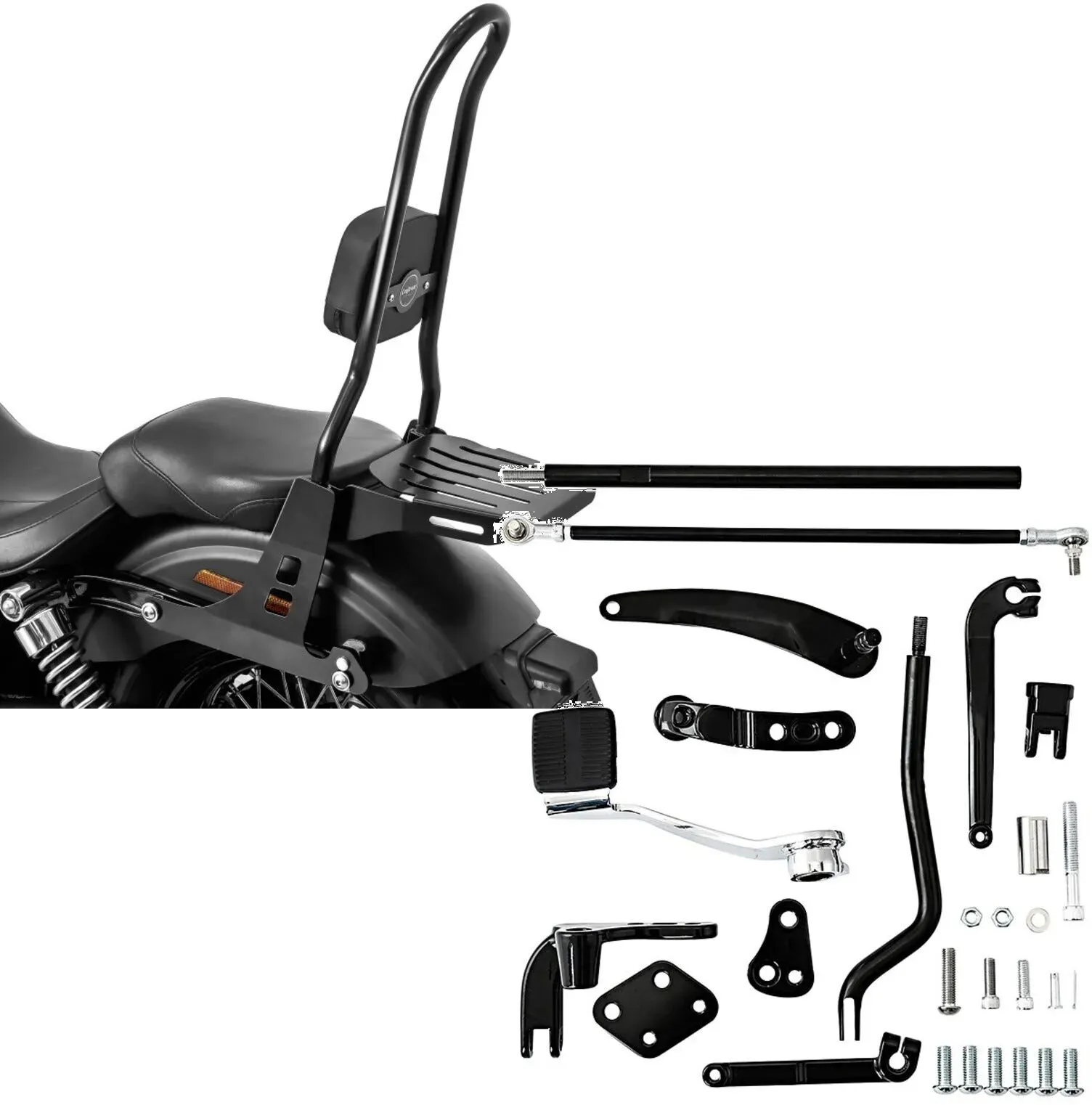 Set: Sissybar passend für Harley Davidson Dyna Street Bob 06-08 passend für Harley Davidson Craftride Fast Rider-XL inkl. Gepäckträger schwarz + Vorverlegte Fussrastenanlage passend für Harley Davidson Dyna Modelle 06-17 Craftride RR1