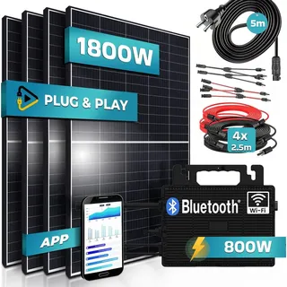 SUNNIVA® 1800W Balkonkraftwerk komplett Steckdose - Astro Energy 800W Wechselrichter - PV Solaranlage Komplettset - 4x 450W Solarmodule 5m Kabel - Bluetooth, WIFI