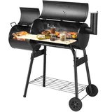 Costway Holzkohlegrill mit Deckel, Grillwagen mit Rädern, Seitenfeuerbox, Seitentisch, Regal, Holzgriffen, Thermometer, Holzkohle Grill für Camping, Terrasse, Garten