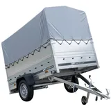 Unitrailer PKW Anhänger Garden Trailer 230 Kipp – Leichter Autoanhänger mit Kippdeichsel, zusätzlichen Bordwänden, einem Stützrad sowie einem Hochspriegel mit Anhängerplane Hochplane 80 cm