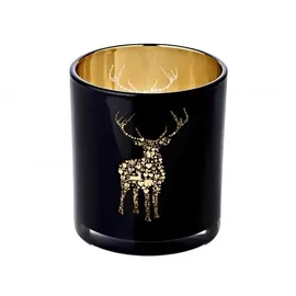 Edzard 2er Set Teelichtglas Fancy, Höhe 8 cm, Durchmesser 7,5 cm, außen schwarz, innen Gold, Teelichthalter, Windlicht mit Hirsch-Motiv