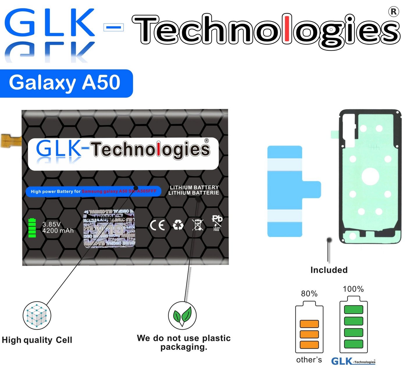 GLK-Technologies High Power Ersatzakku kompatibel mit Samsung Galaxy A50 A505F A30 A305F A20 A205F EB-BA505ABU, Original GLK-Technologies Battery, accu, 4200 mAh Akku, inkl. 2X Klebebandsätze Smartphone-Akku 4200 mAh (3.85 V)