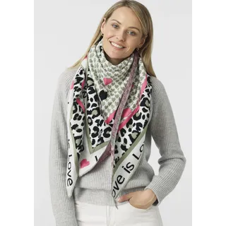 Dreieckstuch ZWILLINGSHERZ, Damen, grün (khaki), Feinstrick, Materialmix, Animalmuster, Modetücher, mit Schriftzug und Leomuster