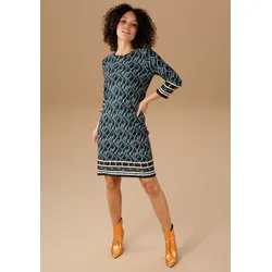 Jerseykleid ANISTON SELECTED, Damen, Gr. 40, N-Gr, blau (schwarz, petrol, sanftes weiß, zimt, braun), Milano Rib, Obermaterial: 85% Viskose, 10% Polyester, 5% Elasthan, gemustert, modisch, figurumspielend kniefrei, Rundhals, 3/4-Ärmel, Kleider, im Retro-Dessin