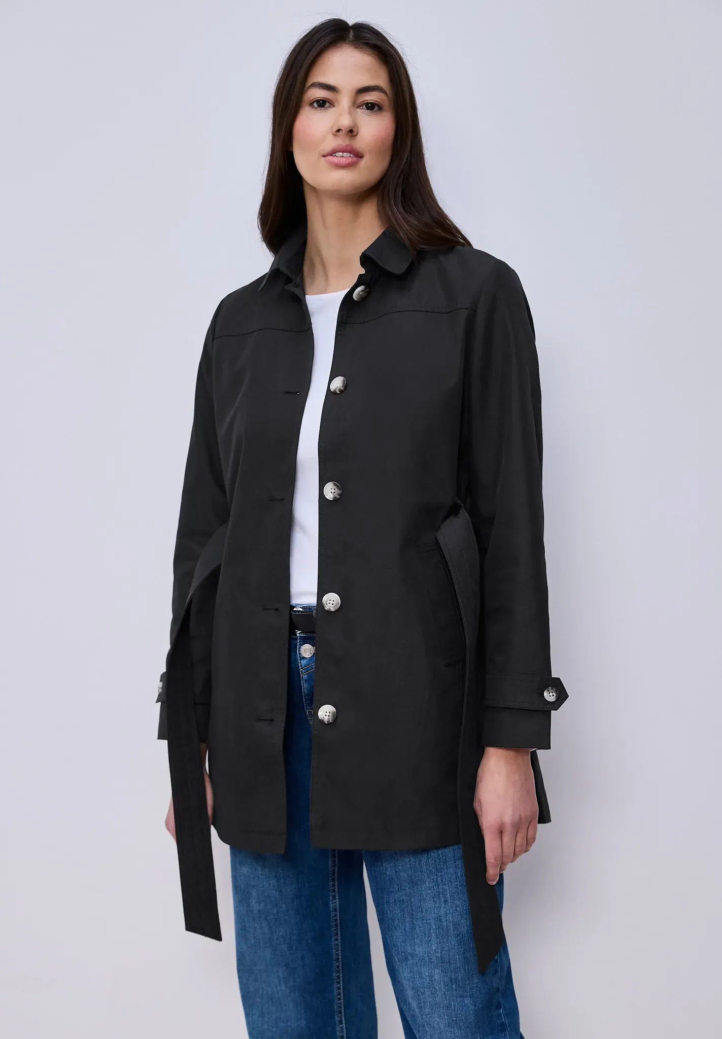 Outdoorjacke STREET ONE, Damen, Gr. 46, schwarz, Web, 69% Baumwolle, 31% Polyester, unifarben, normal ca. Mitte Oberschenkel, V-Ausschnitt, abgesteppt, Jacken Outdoorjacke, im soften Baumwoll-Mix