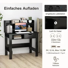Costway Schreibtisch mit Steckdosen, mit Aufsatz, Schwarz