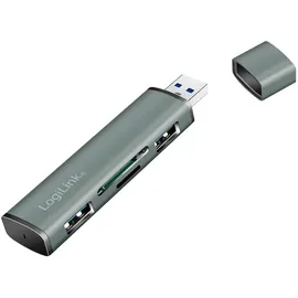 Logilink USB 3.2 (Gen2) 2-Port Hub mit Kartenleser für microSD- und SD-Karten, Aluminiumgehäuse, mit eingebautem SD-Kartenleser, mit Status-LEDs Spacegrau